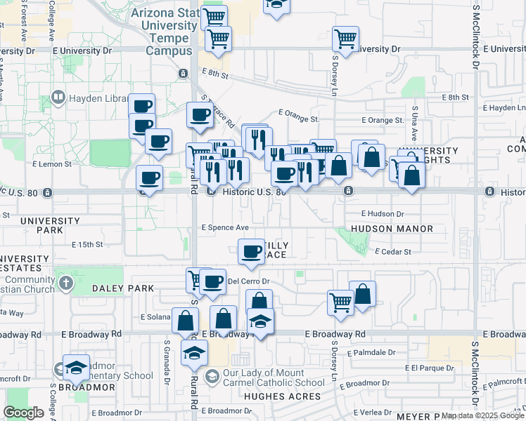 map of restaurants, bars, coffee shops, grocery stores, and more near 1111 East Apache Boulevard in Tempe