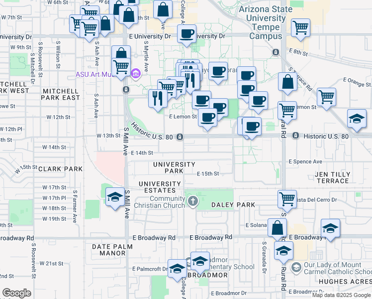 map of restaurants, bars, coffee shops, grocery stores, and more near 1315 South College Avenue in Tempe