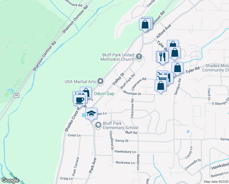 map of restaurants, bars, coffee shops, grocery stores, and more near 680 Bluff Park Road in Birmingham