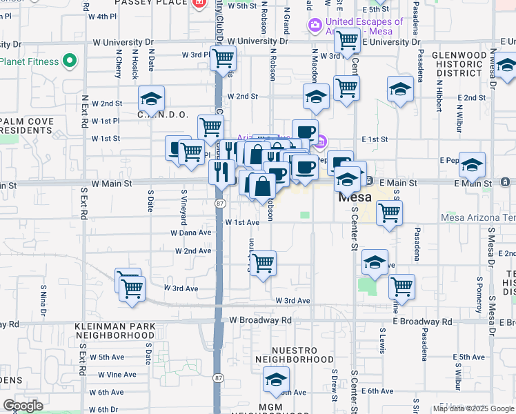 map of restaurants, bars, coffee shops, grocery stores, and more near 36 South Robson in Mesa