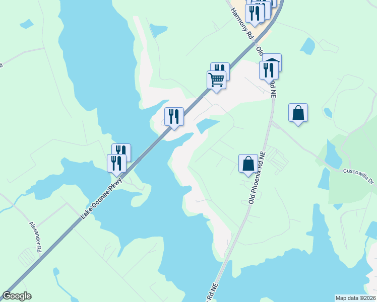 map of restaurants, bars, coffee shops, grocery stores, and more near 132 North Hidden Lake Drive in Eatonton