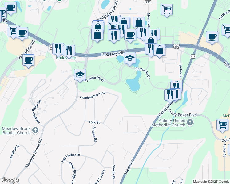 map of restaurants, bars, coffee shops, grocery stores, and more near 3645 Cumberland Trace in Birmingham
