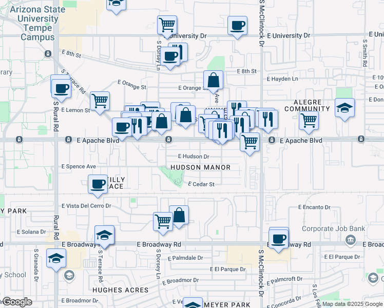 map of restaurants, bars, coffee shops, grocery stores, and more near 1436 East Hudson Drive in Tempe