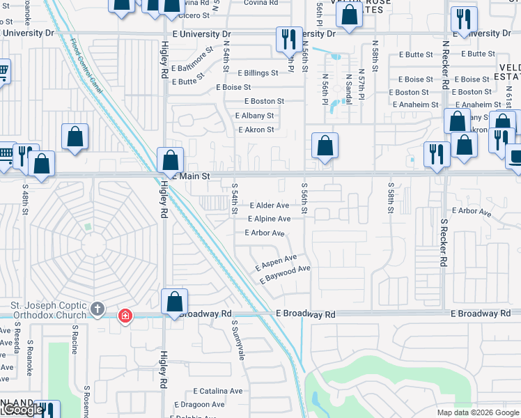 map of restaurants, bars, coffee shops, grocery stores, and more near 5508 East Alder Avenue in Mesa