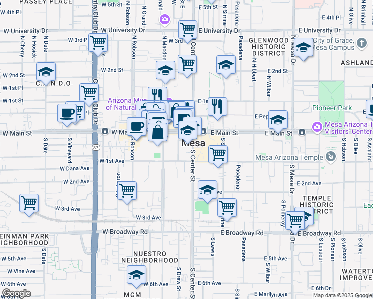 map of restaurants, bars, coffee shops, grocery stores, and more near 42 South Center Street in Mesa