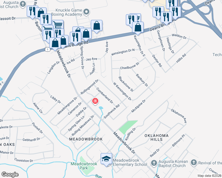 map of restaurants, bars, coffee shops, grocery stores, and more near 2925 Rollingwood Drive in Augusta