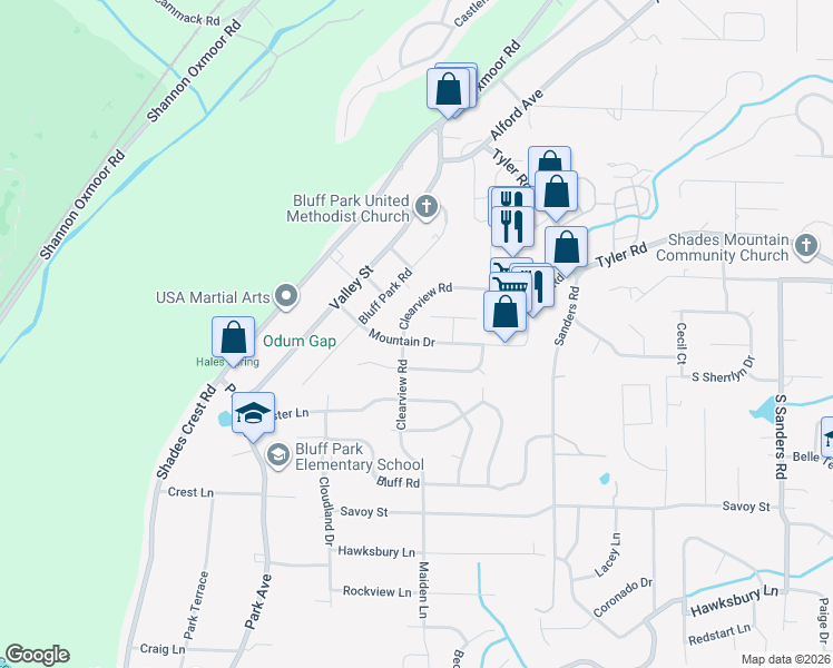 map of restaurants, bars, coffee shops, grocery stores, and more near 2455 Mountain Drive in Birmingham