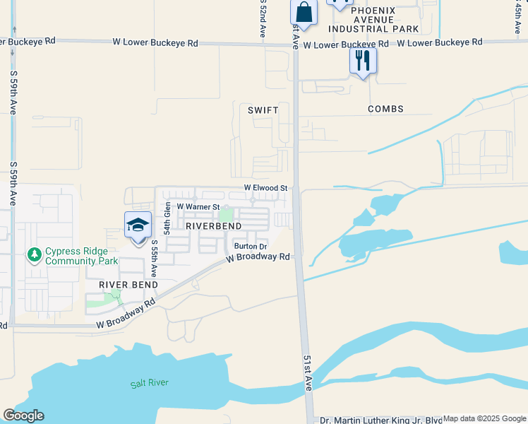 map of restaurants, bars, coffee shops, grocery stores, and more near 5145 West Warner Street in Phoenix