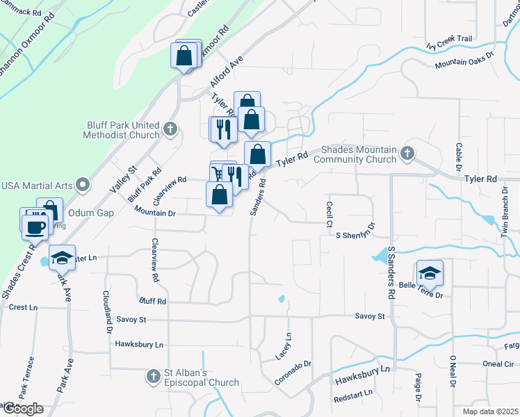 map of restaurants, bars, coffee shops, grocery stores, and more near 2212 McGwier Drive in Birmingham