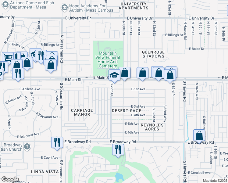 map of restaurants, bars, coffee shops, grocery stores, and more near 7915 East 1st Avenue in Mesa