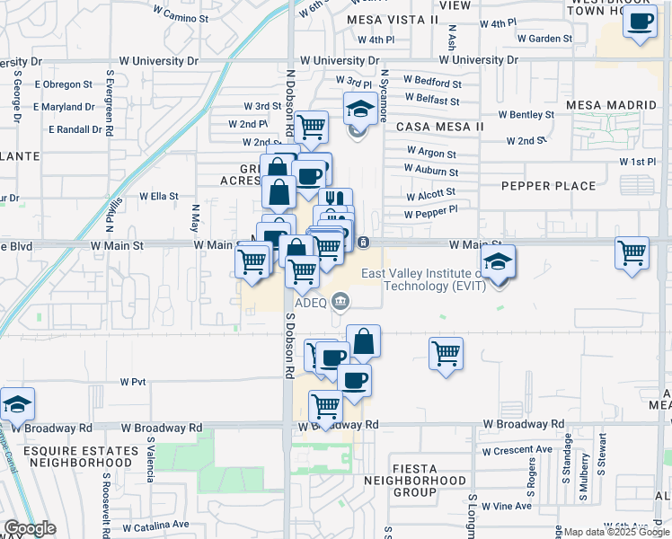 map of restaurants, bars, coffee shops, grocery stores, and more near 1870 West Main Street in Mesa