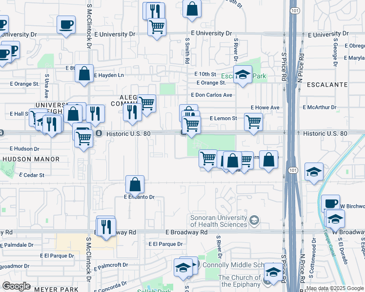 map of restaurants, bars, coffee shops, grocery stores, and more near 1315 South Martin Lane in Tempe