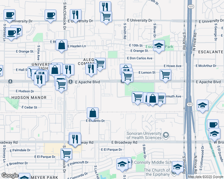 map of restaurants, bars, coffee shops, grocery stores, and more near 1915 Apache Boulevard in Tempe