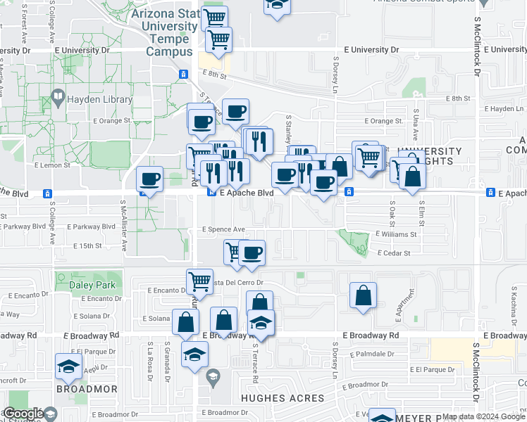 map of restaurants, bars, coffee shops, grocery stores, and more near 1111 East Apache Boulevard in Tempe