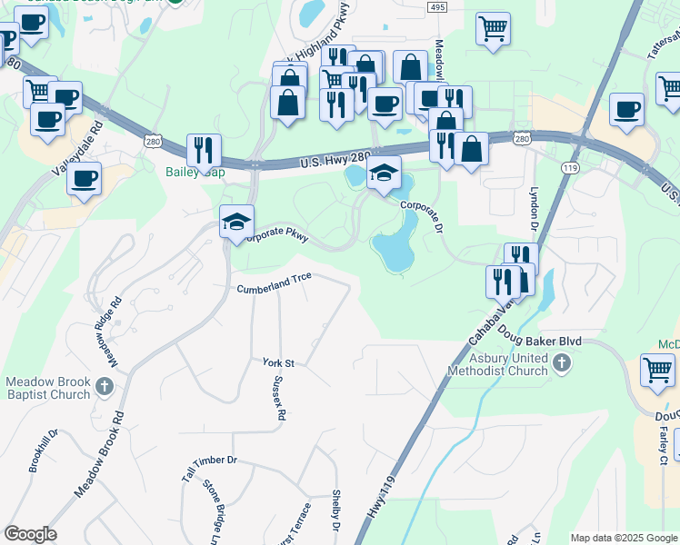 map of restaurants, bars, coffee shops, grocery stores, and more near 3645 Cumberland Trace in Birmingham