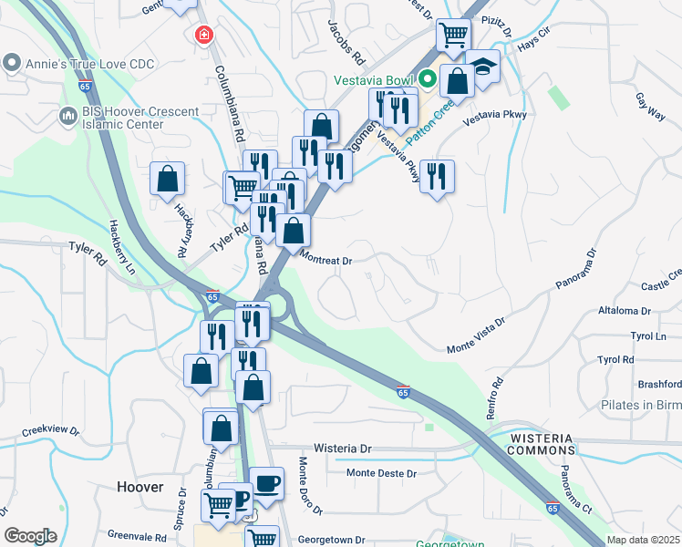 map of restaurants, bars, coffee shops, grocery stores, and more near 2030A Montreat Circle in Vestavia Hills