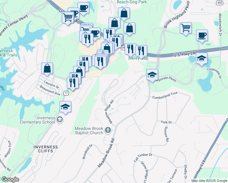 map of restaurants, bars, coffee shops, grocery stores, and more near 1054 Morning Sun Circle in Meadowbrook