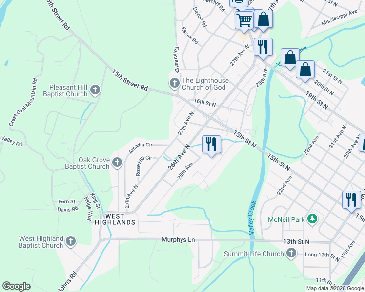 map of restaurants, bars, coffee shops, grocery stores, and more near 1230 26th Avenue North in Hueytown