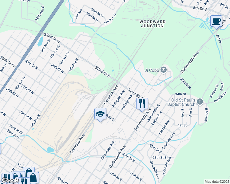 map of restaurants, bars, coffee shops, grocery stores, and more near 3112 Arlington Avenue in Bessemer