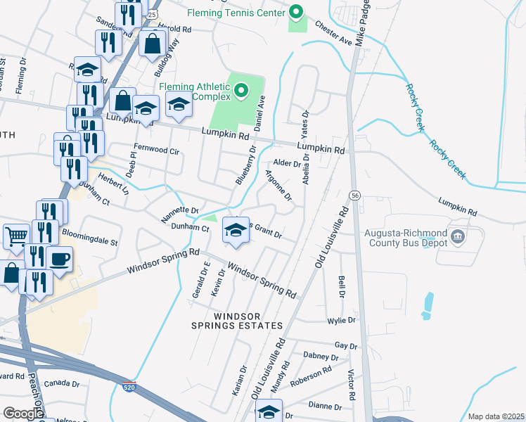 map of restaurants, bars, coffee shops, grocery stores, and more near 1906 Collierwood Way in Augusta