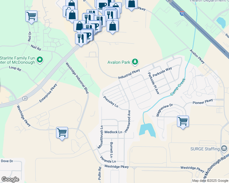 map of restaurants, bars, coffee shops, grocery stores, and more near 1517 Pressley Lane in McDonough