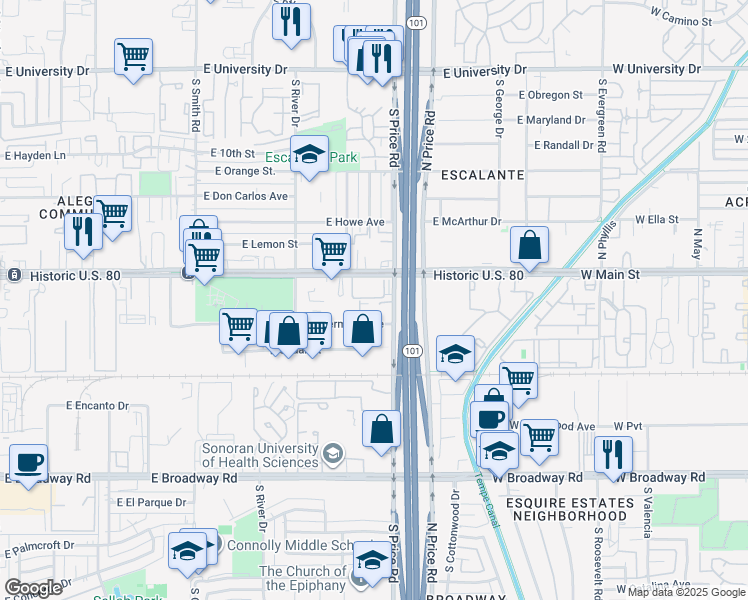 map of restaurants, bars, coffee shops, grocery stores, and more near 2177 East Apache Boulevard in Tempe