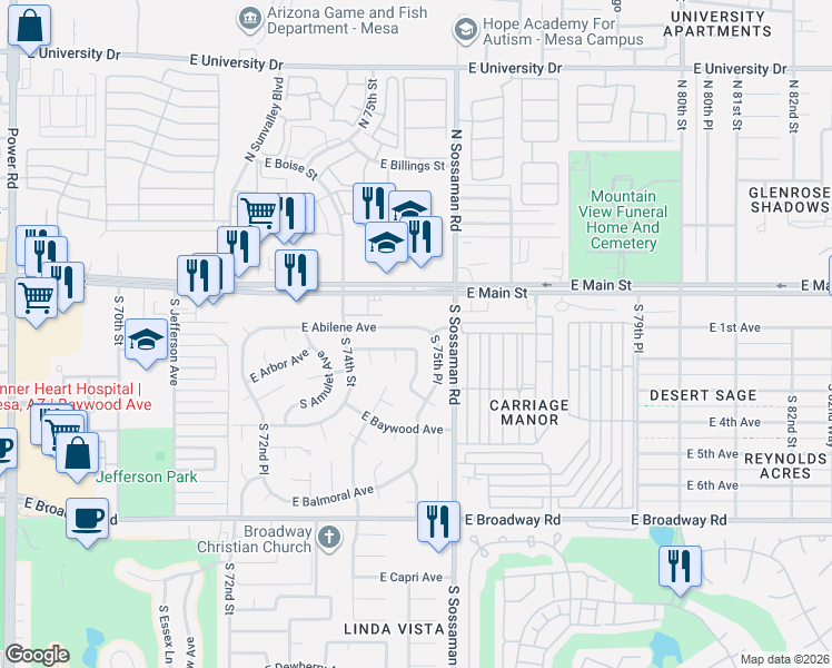 map of restaurants, bars, coffee shops, grocery stores, and more near 7521 East Abilene Avenue in Mesa