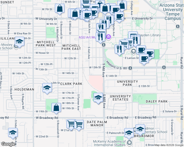 map of restaurants, bars, coffee shops, grocery stores, and more near 42 West Hudson Lane in Tempe