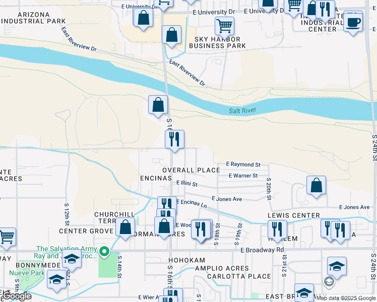 map of restaurants, bars, coffee shops, grocery stores, and more near 3601 South 16th Place in Phoenix