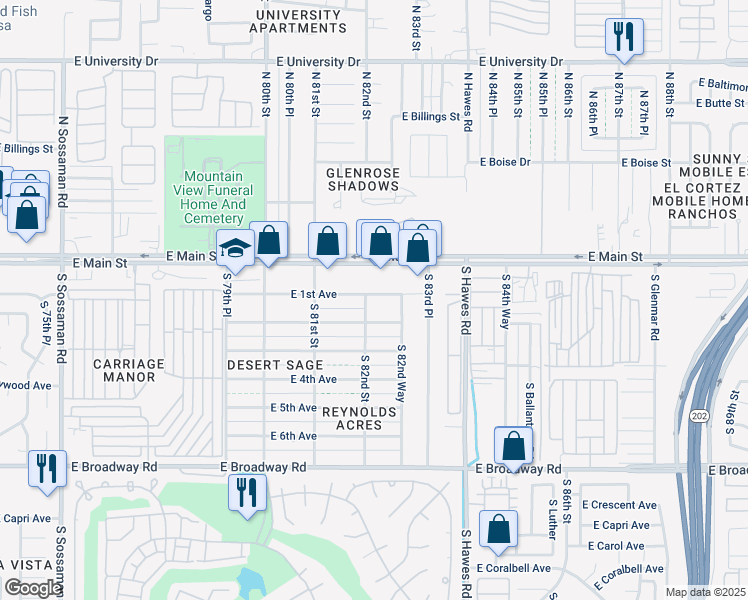 map of restaurants, bars, coffee shops, grocery stores, and more near 8205 East 1st Avenue in Mesa
