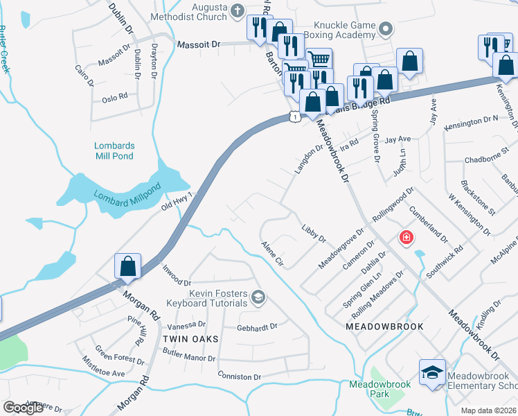 map of restaurants, bars, coffee shops, grocery stores, and more near 3038 Libby Drive in Augusta