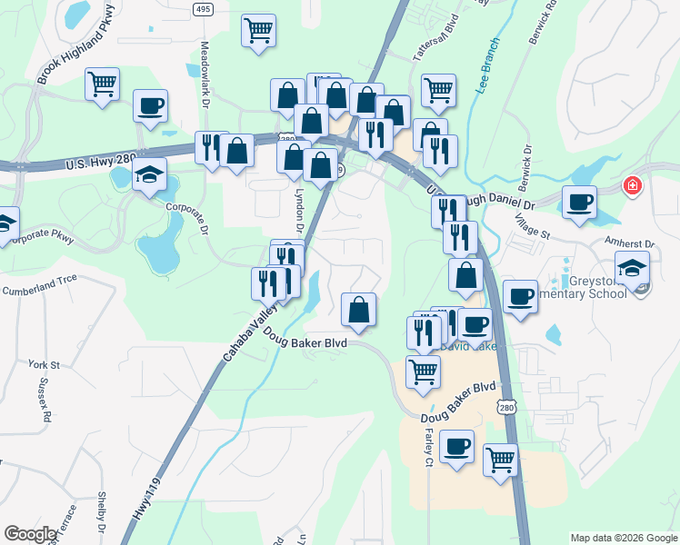 map of restaurants, bars, coffee shops, grocery stores, and more near 850 Shoal Run Trail in Birmingham