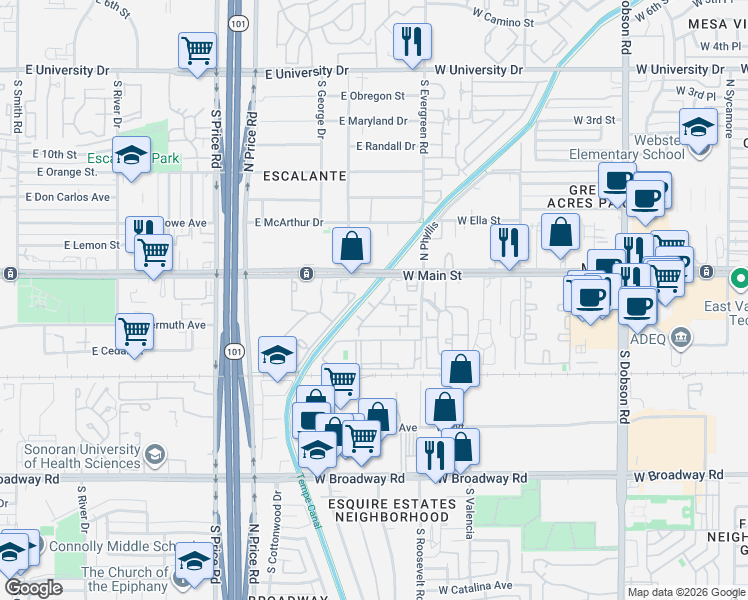 map of restaurants, bars, coffee shops, grocery stores, and more near 2433 West Main Street in Mesa