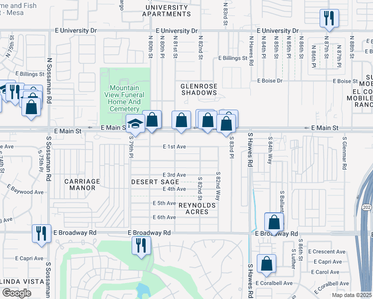 map of restaurants, bars, coffee shops, grocery stores, and more near 8119 East 1st Avenue in Mesa