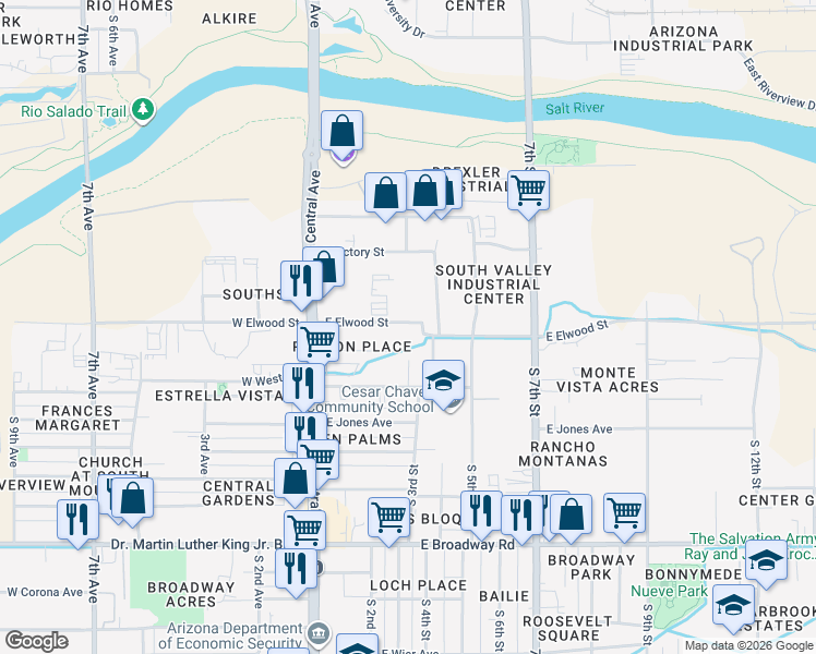 map of restaurants, bars, coffee shops, grocery stores, and more near 237 East Elwood Street in Phoenix