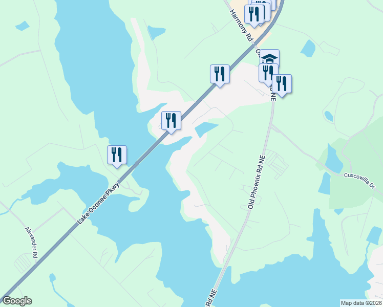 map of restaurants, bars, coffee shops, grocery stores, and more near 132 North Hidden Lake Drive in Eatonton