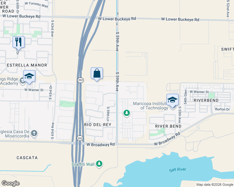map of restaurants, bars, coffee shops, grocery stores, and more near 5809 West Warner Street in Phoenix