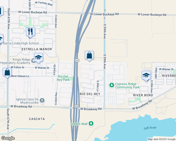 map of restaurants, bars, coffee shops, grocery stores, and more near 6027 West Warner Street in Phoenix