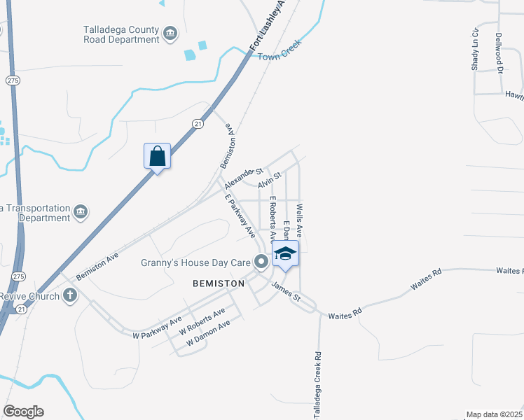 map of restaurants, bars, coffee shops, grocery stores, and more near 412 Talladega Avenue in Talladega