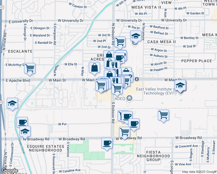 map of restaurants, bars, coffee shops, grocery stores, and more near 40 South Dobson Road in Mesa