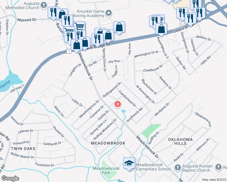 map of restaurants, bars, coffee shops, grocery stores, and more near 2944 Rollingwood Drive in Augusta