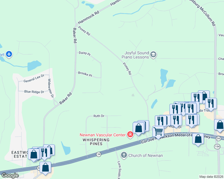 map of restaurants, bars, coffee shops, grocery stores, and more near 45 Posey Ridge Court in Newnan