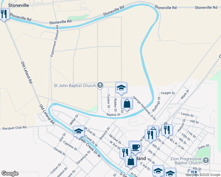 map of restaurants, bars, coffee shops, grocery stores, and more near 202 Oquinn Street in Leland