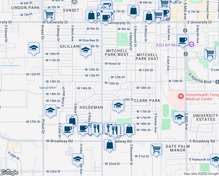 map of restaurants, bars, coffee shops, grocery stores, and more near 812 West 14th Street in Tempe