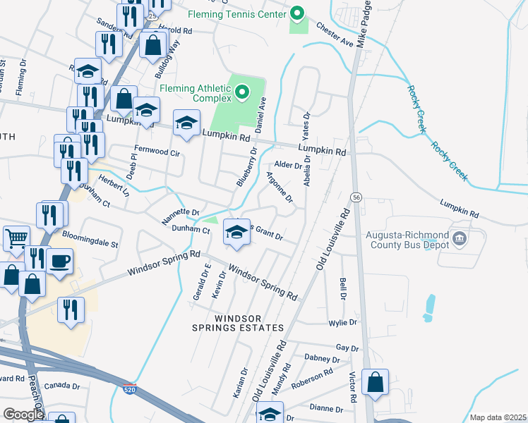 map of restaurants, bars, coffee shops, grocery stores, and more near 1906 Collierwood Way in Augusta