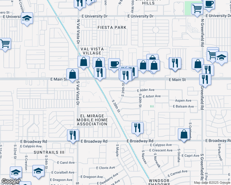map of restaurants, bars, coffee shops, grocery stores, and more near 3825 East Alder Avenue in Mesa