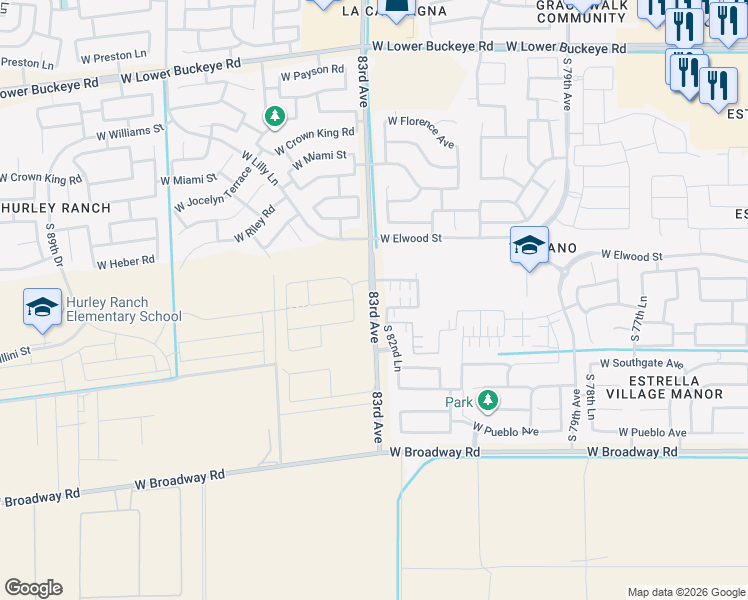 map of restaurants, bars, coffee shops, grocery stores, and more near South 83rd Avenue in Phoenix