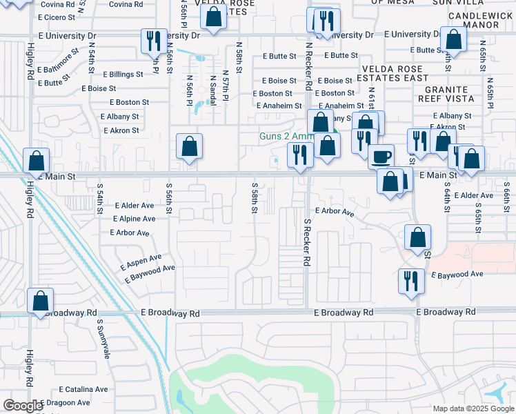 map of restaurants, bars, coffee shops, grocery stores, and more near 103 South 58th Street in Mesa
