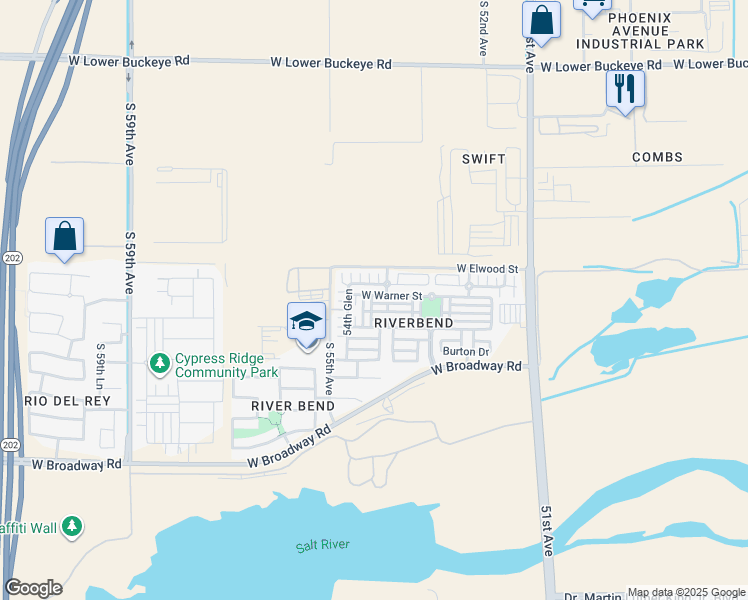 map of restaurants, bars, coffee shops, grocery stores, and more near 5421 West Warner Street in Phoenix