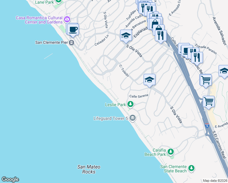 map of restaurants, bars, coffee shops, grocery stores, and more near 319 Boca Del Canon in San Clemente
